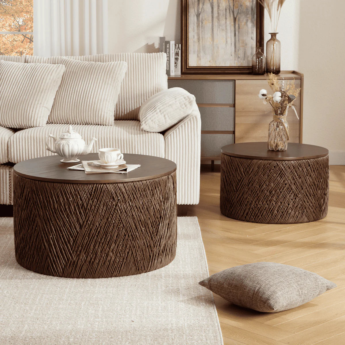 Woven Nesting Storage Coffee Table Set of 2